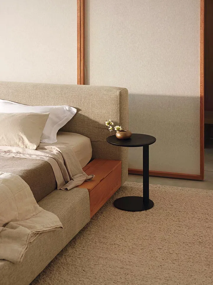 Bedside table next to the King Living Jasper bed.