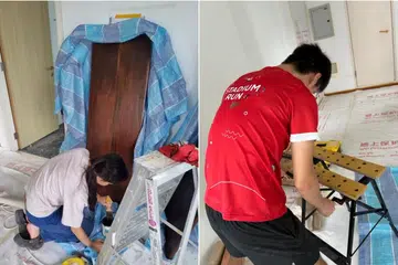 Ms Chew staining a wood plank and Mr Lim working on a piece of wood furniture during the renovation phase.
