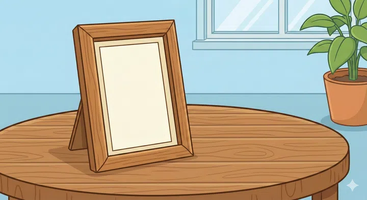 A cartoon drawing of an empty photo frame on a table.