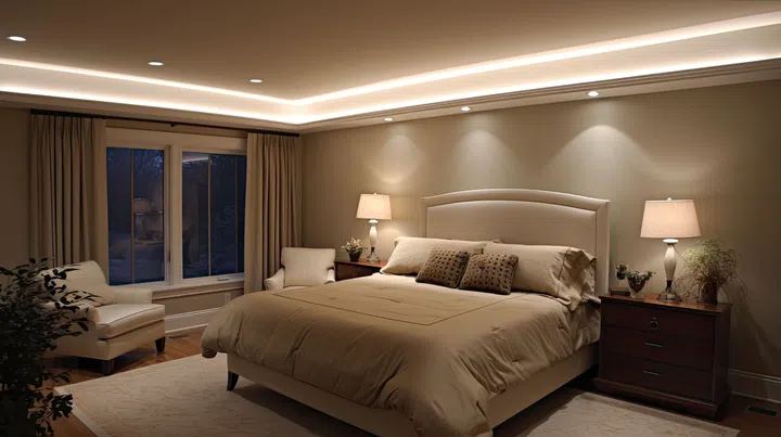 A tranquil bedroom retreat, featuring soft lighting and plush furnishings, designed for relaxation and comfort. 