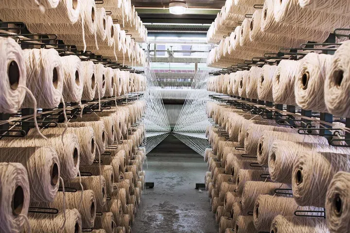 Cones of yarn fed into the loom at VM-Carpet factory, Karvala, Finland.