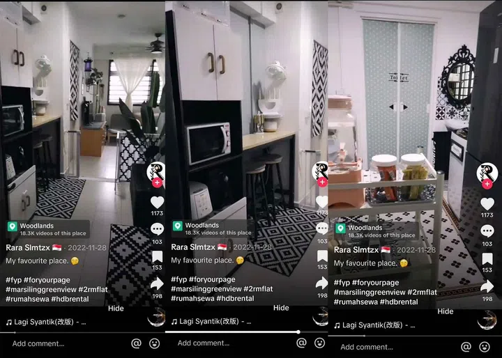 HDB Rental Flat Tiktok Account to Follow - Screengrabs from Rara Smitzx's Tiktok account showing her black and white modern themed HDB Rental Flat in Woodlands