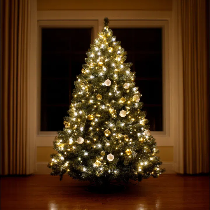 A beautifully adorned Christmas tree is illuminated by warm lights, creating a festive atmosphere in a cozy room with large windows.