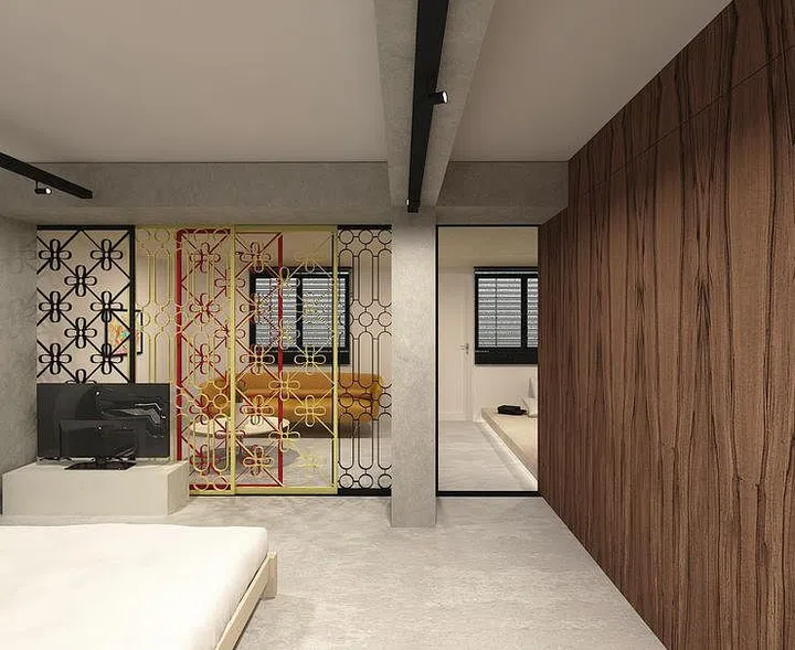 partition, sliding door, concrete floor, vintage, retro