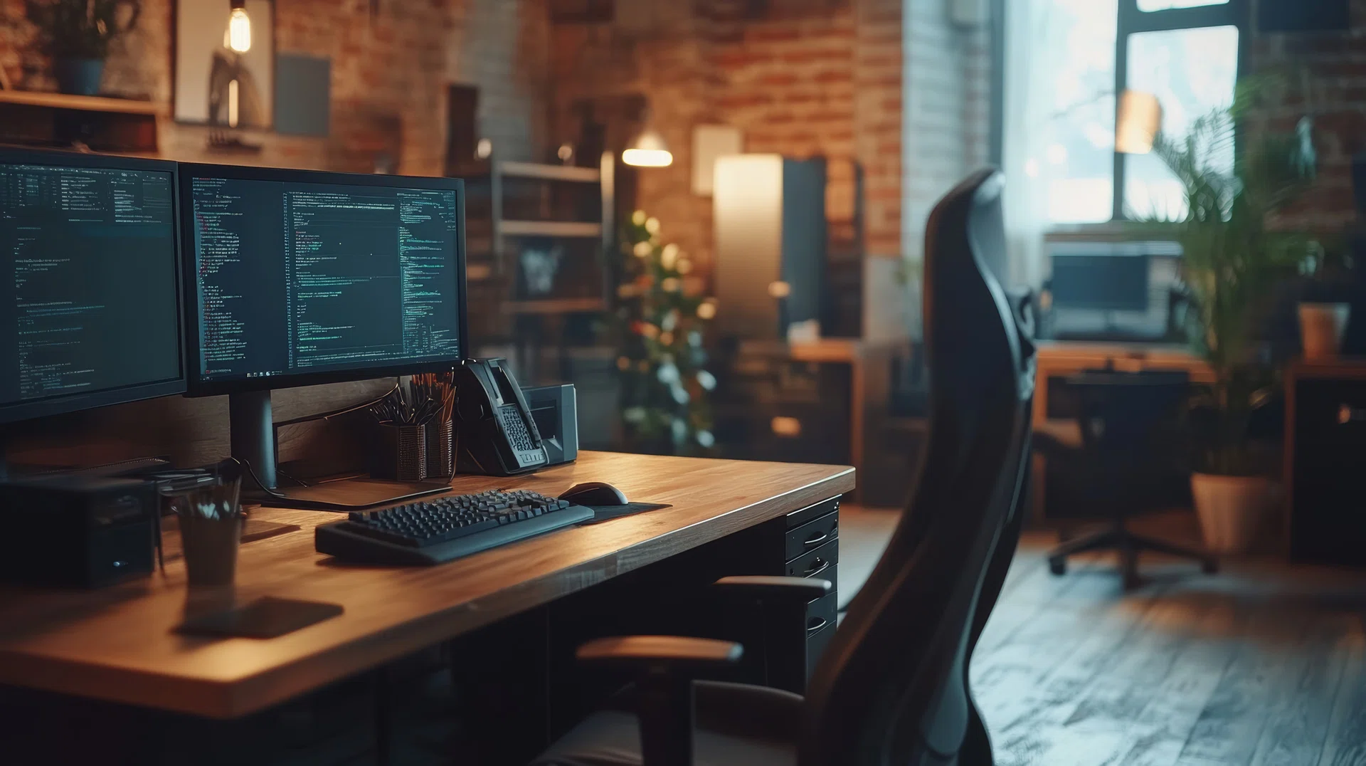 Modern Loft Workspace, Home Office Setup for Programming With Dual Monitors, Keyboard, and Desk