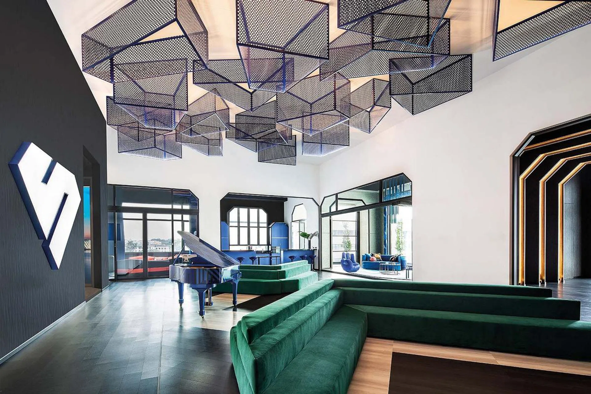 Doors and windows are designed in an iconic crystalline shape that derives from the look of the brand’s logo at Sapphire Windows Singapore showroom.