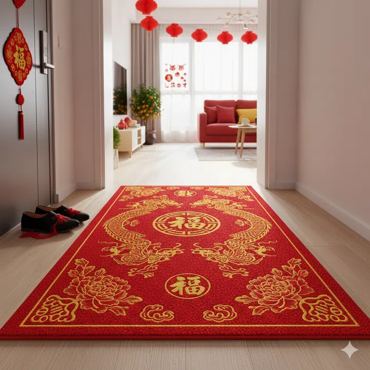 Red Chinese New Year floor runner down the main entrance into the living room of an apartment.