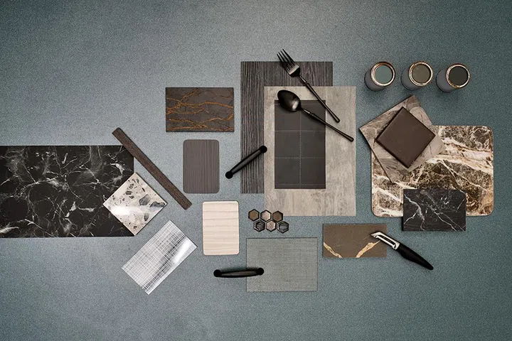 Tiles, quartz, and laminates from GF+A, EDL, Hafary, Tak, Catalyse, Cosentino. Door handle, black potato peeler from IKEA. Cutlery from Lovera. Wall paints Slate Crest NP BGG 1807 D; Serendipitous NP N 1926 D; Darkest Hour NP AC 3459A from Nippon Paint.