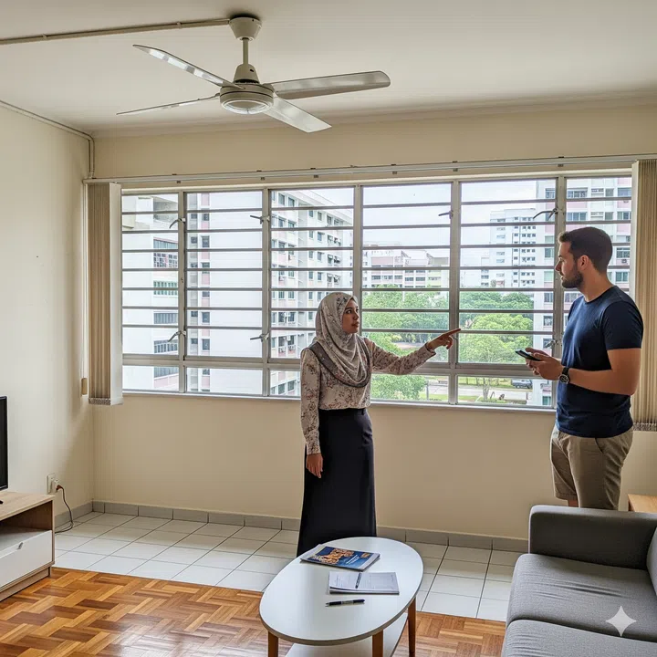 AI image of a Singaporean property agent lady showing a foreigner around a HDB flat for rent in Ang Mo Kio.