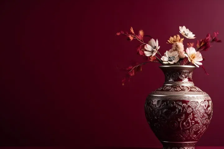 Vase with dried flowers on a dark red background
