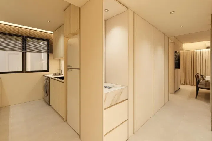 Computer-generated image of the couple’s new flat: kitchen and pantry.