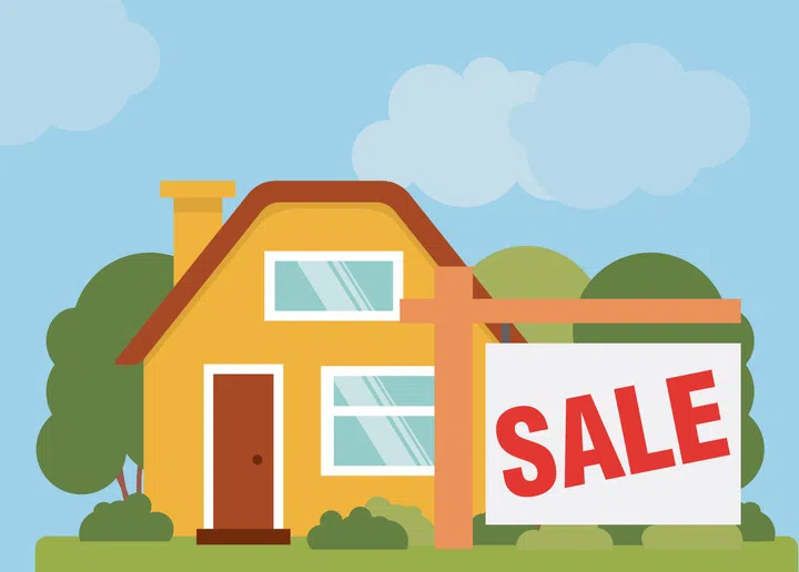 Vector illustration. House with sale sign on the front.