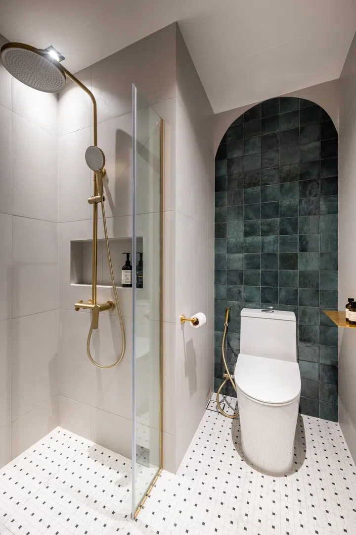 The shower and toilet. 