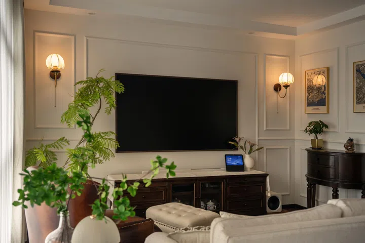 French colonial design elements in the living room.