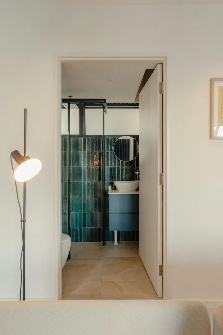 Bathroom in architect Carnation Kng and her Portuguese husband, Lourenço Vaz Pinto’s 4-room resale HDB at Dawson Road.
