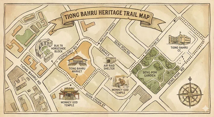 A drawing illustration of tiong bahru heritage trail map.