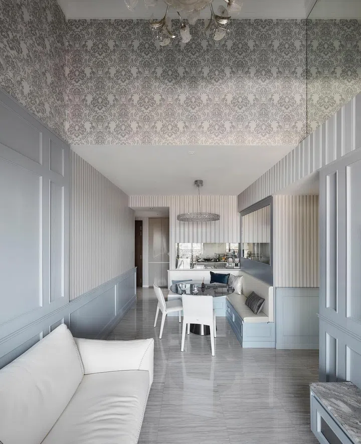 Coffered ceiling in a flight steward's 2-bedroom with study condominium along Sims Drive designed by The Cottage Crafts.