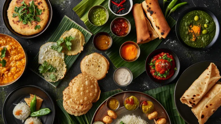 A traditional South Indian breakfast spread featuring dosas, idlis, vadas, and assorted chutneys, showcasing the region’s rich culinary heritage.