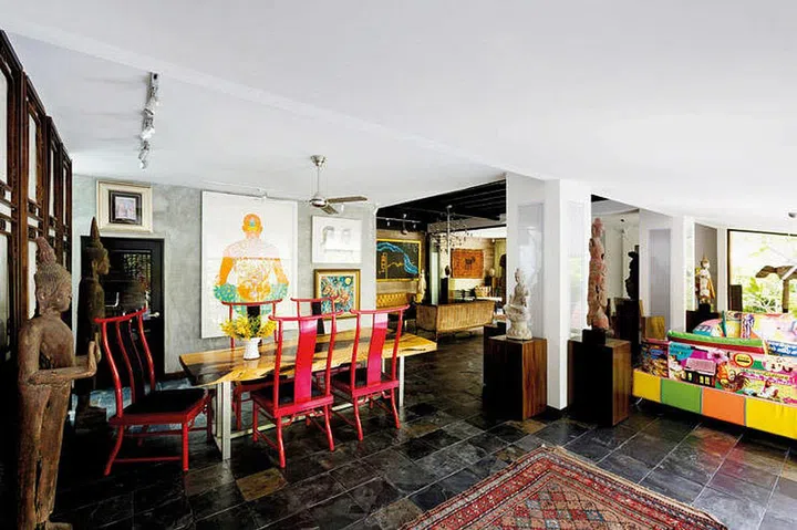 balinese, dining room, interior design, asian elements, colourful, artwork