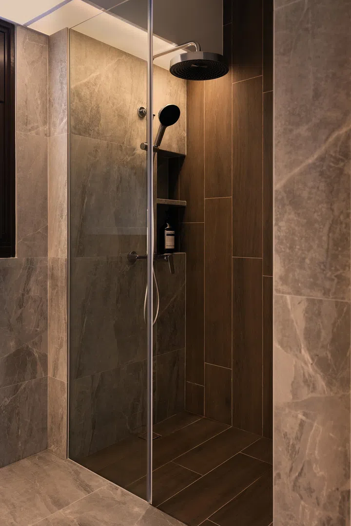 Master bathroom in a 5-room HDB BTO at Tampines Street 96 (1,216 sq ft), designed by Inizio Atelier.