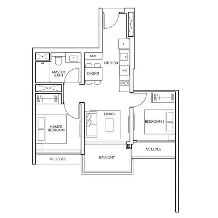 AMO Residences Floor Plan for a 2-bedroom (type B1) condo unit spanning 614 sq ft. Image from AMO Residences website