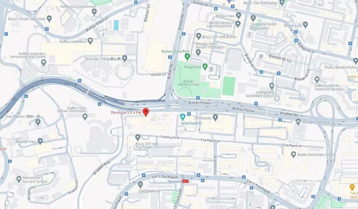 Google Map view screengrab of the Electrolux Singapore Braddell Road office which services warranty, customer service, and sales in Singapore.