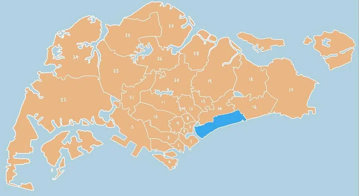 Illustrated map showing District 15 - Katong, Joo Chiat, Amber Road, Siglap, Marine Parade, Tanjong Rhu in Singapore.