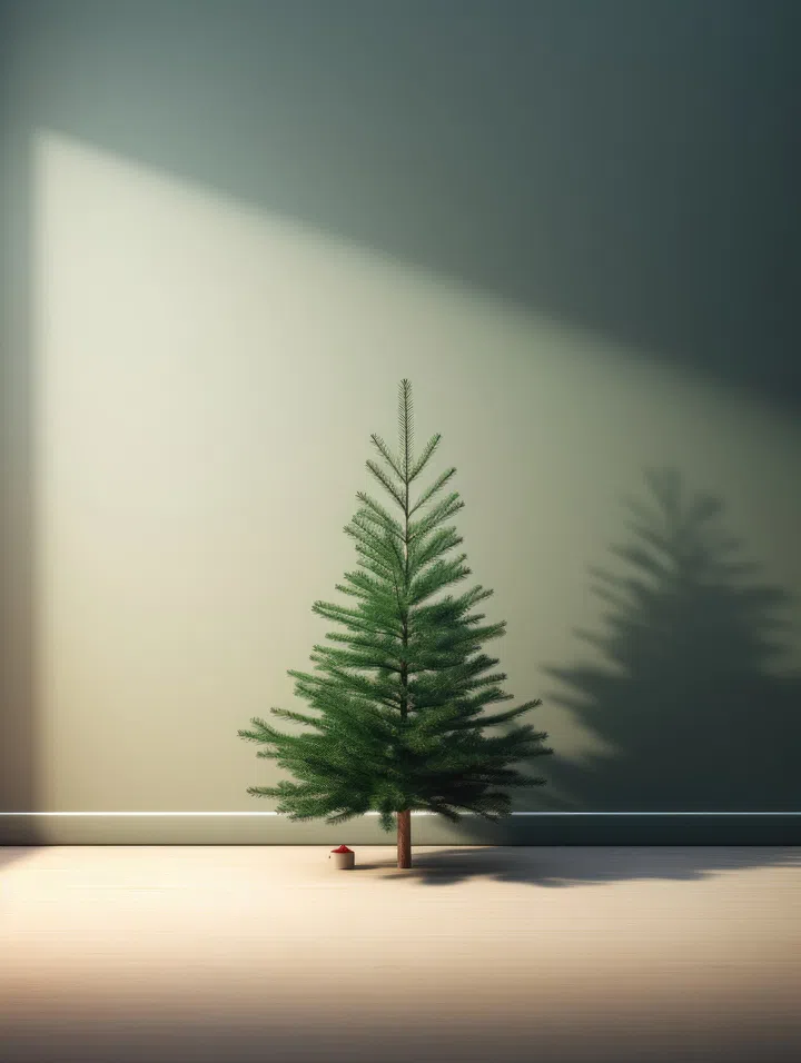 A christmas tree is in a room with a window that says christmas