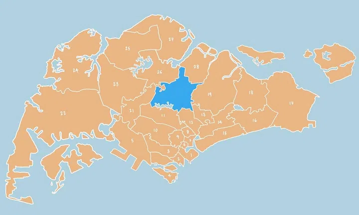 Illustrated map showing District 20 - Bishan, Ang Mo Kio, Thomson in Singapore.