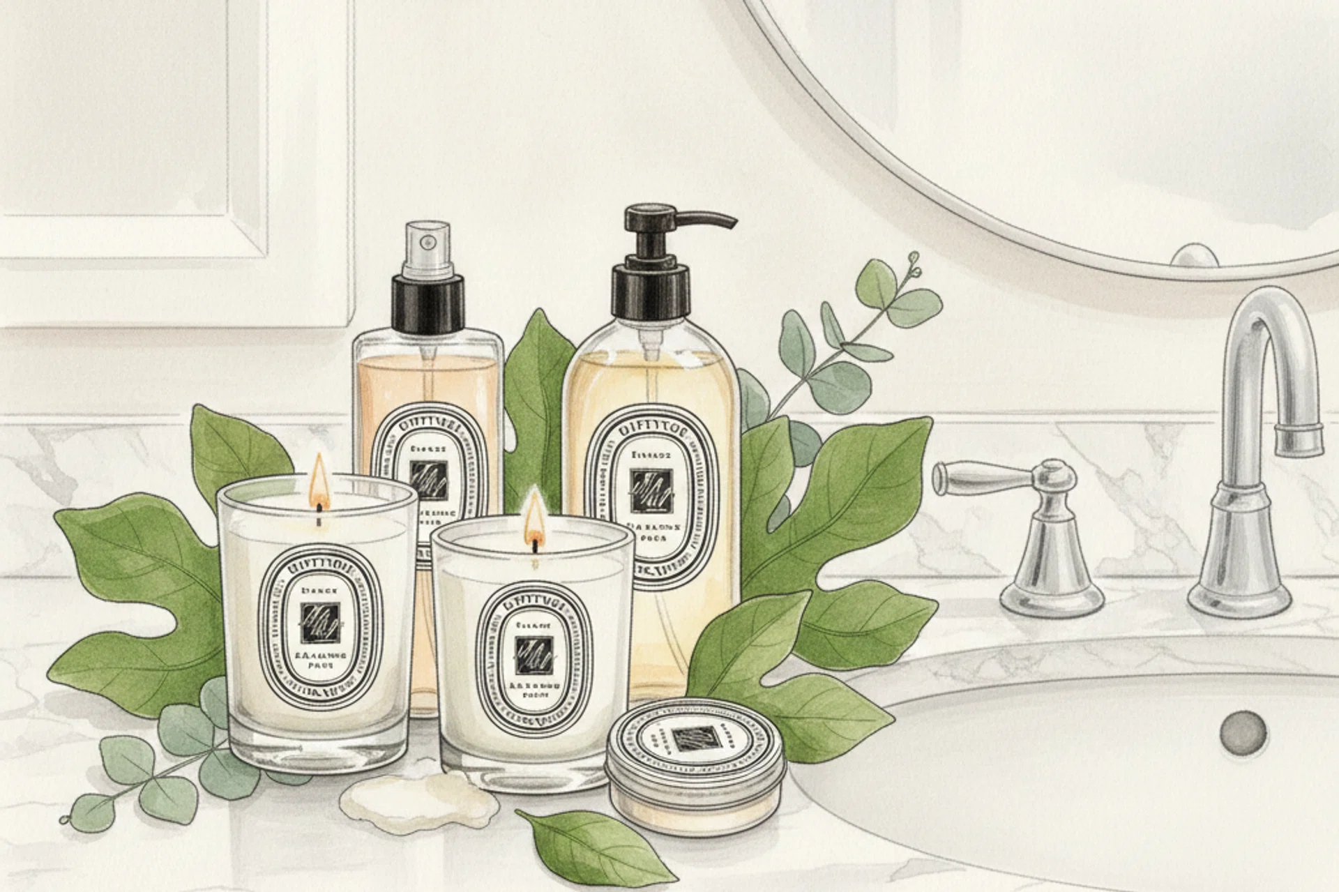 Drawing illustration of Diptyque products on a bathroom sink vanity.