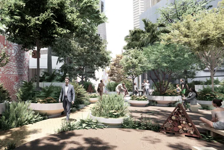 Raffles Place Park, a signature public space will be revamped with varied gathering spaces and a new event plaza to allow more community events to be held in the CBD. 