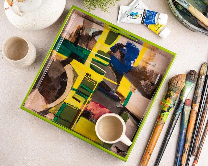 A tray with his artwork, Coney Island, New York. 