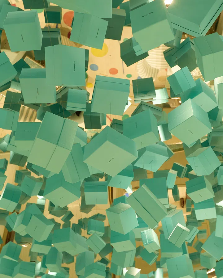 Approximately 800 Tiffany & Co. blue boxes adorn the ceiling of the Blue Box Cafe in ION Orchard.