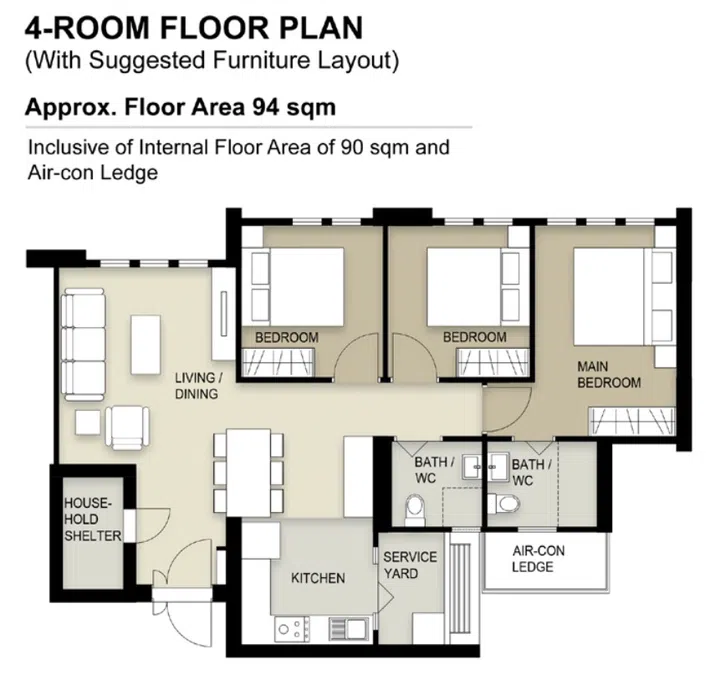 Yishun Chencharu Green BTO 4-room (94 sqm) floor plan.