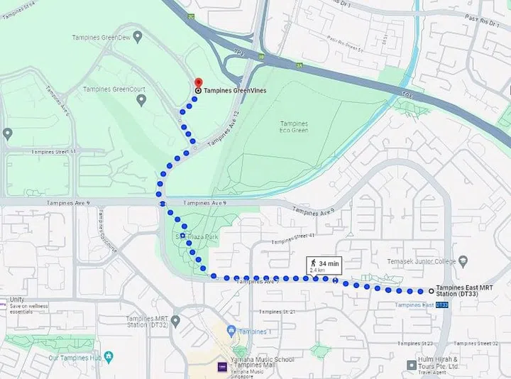 Tampines GreenVines BTO is a 10-minute cycle to Tampines East MRT Station. Screengrab from Google Maps