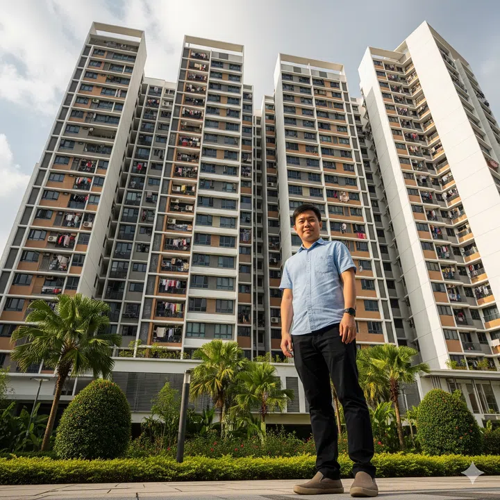 A single man standing in front of a BTO building in Singapore. AI Generated.
