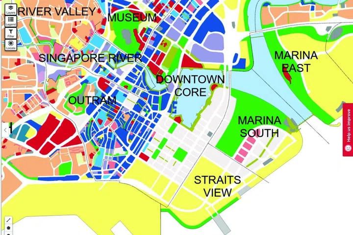 Close up map view of Singapore's Central Business District (CBD) on the URA Master Plan