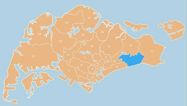 Illustrated map showing District 16 - Bedok, East Coast, Chai Chee, Bayshore in Singapore.