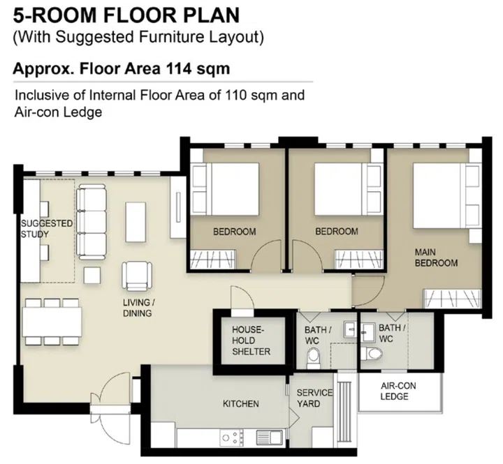 Yishun Chencharu Green BTO 5-room (114 sqm) floor plan.