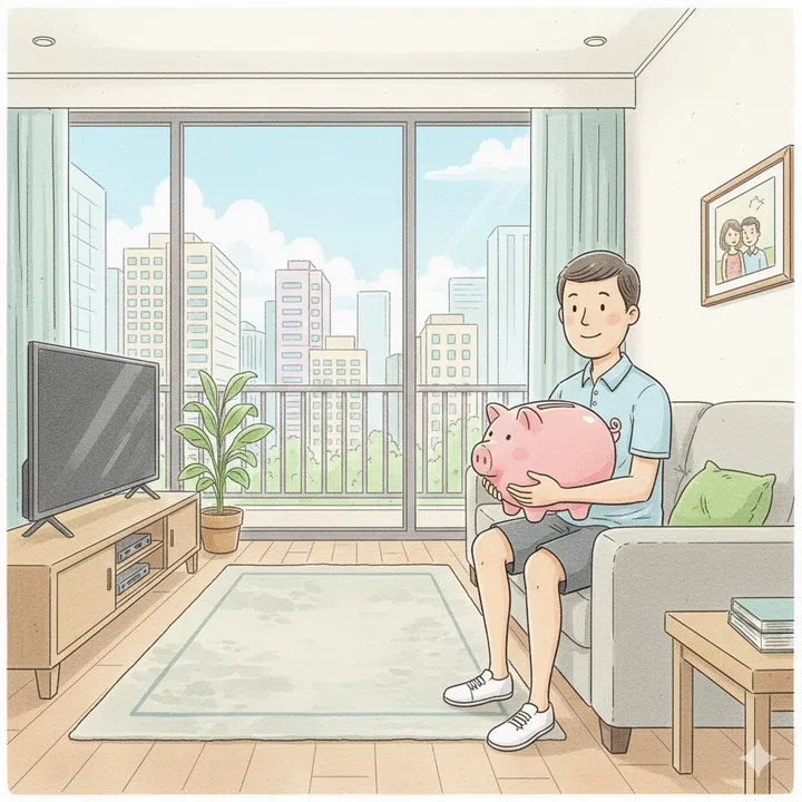 A Singaporean man holding a piggy bank in his condominium living room.