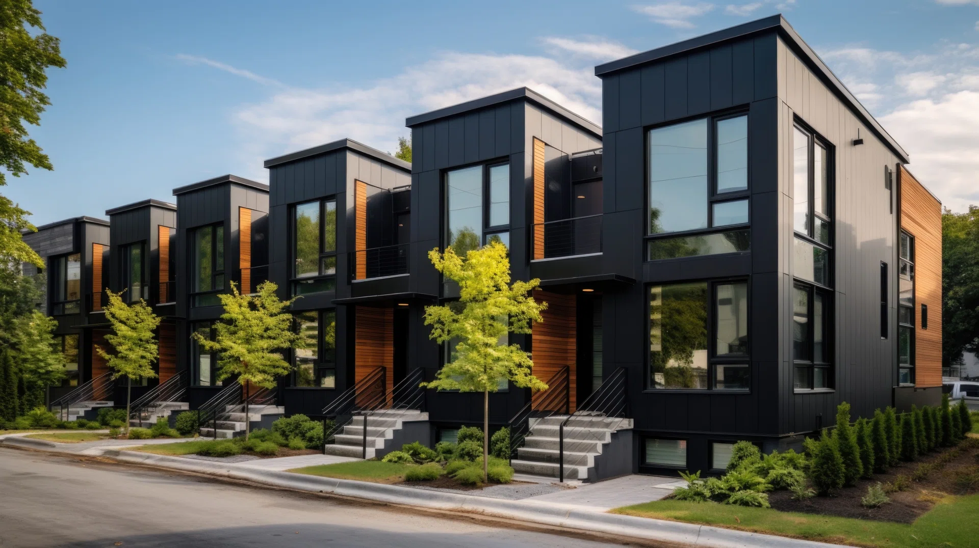Modern cute modular private black townhouses. Residential architecture exterior