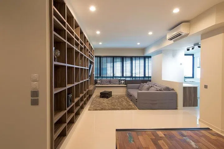 display shelf, living room, sofa