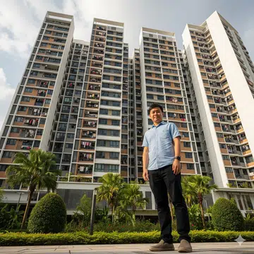 A single man standing in front of a BTO building in Singapore.