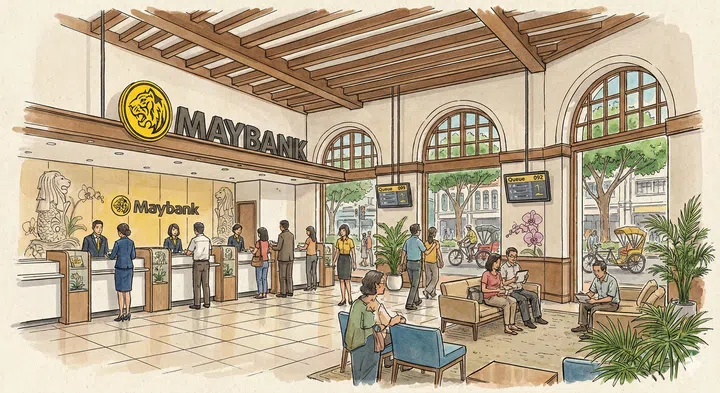 A drawing illustration of the interior of a Maybank outlet in Singapore.