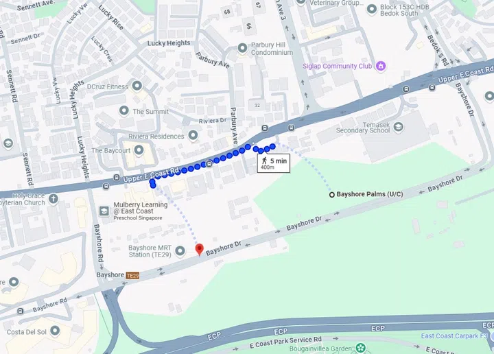 Bayshore Palms BTO (completion date in 2029) is a 5-minute walk down Upper East Coast Road - Bayshore Drive in the future when it's developed - to Bayshore Vista BTO (competion date in 2029).