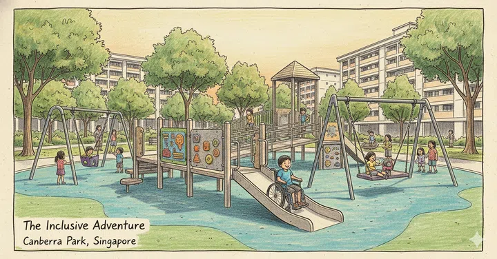 A drawing illustration of The Inclusive Adventure playground at Canberra Park.