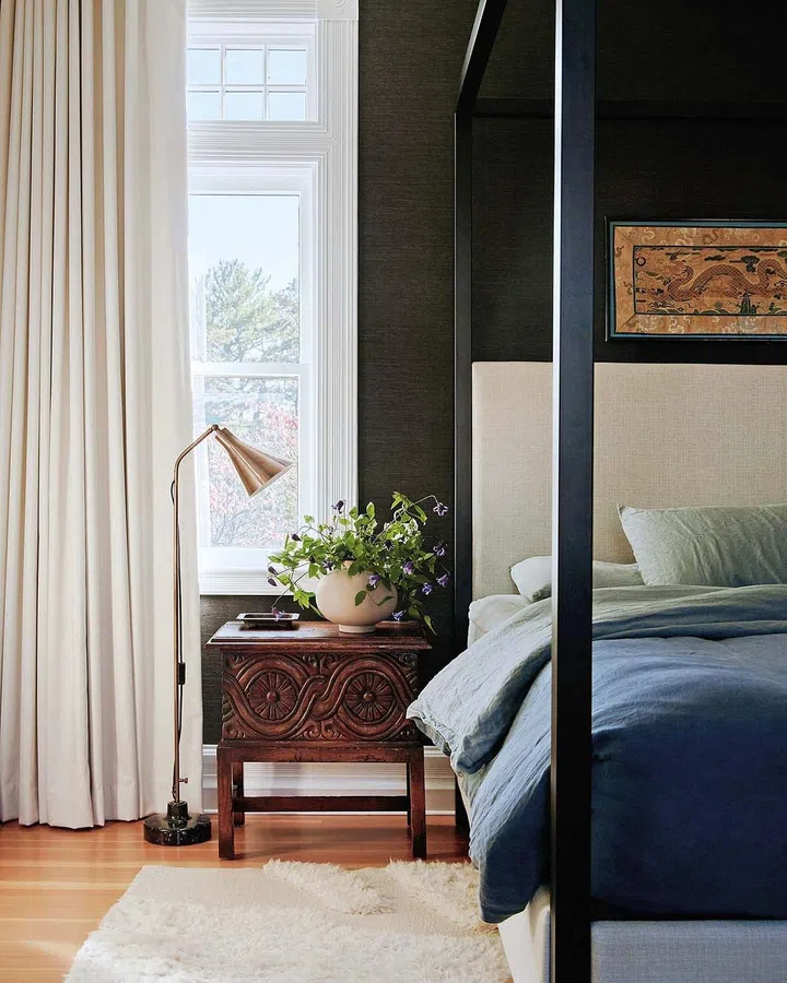 Vintage side table, Chairish lamp, The Shade Store draperies and Parachute bedding.
