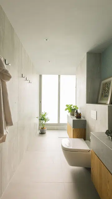 Herringbone-tiled walls line the bathroom of this 1,900 sq ft 3-bedroom condominium in Sentosa.
