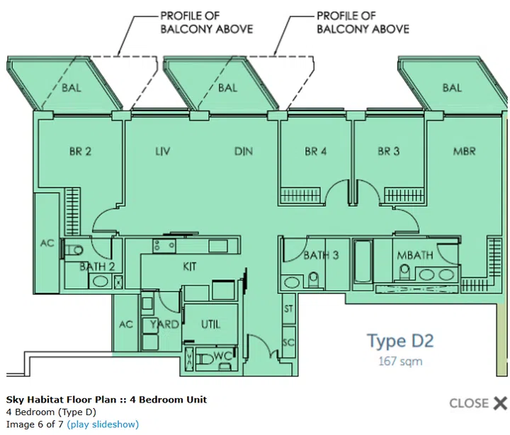 Sky Habitat floor plans for a 4 bedroom unit.