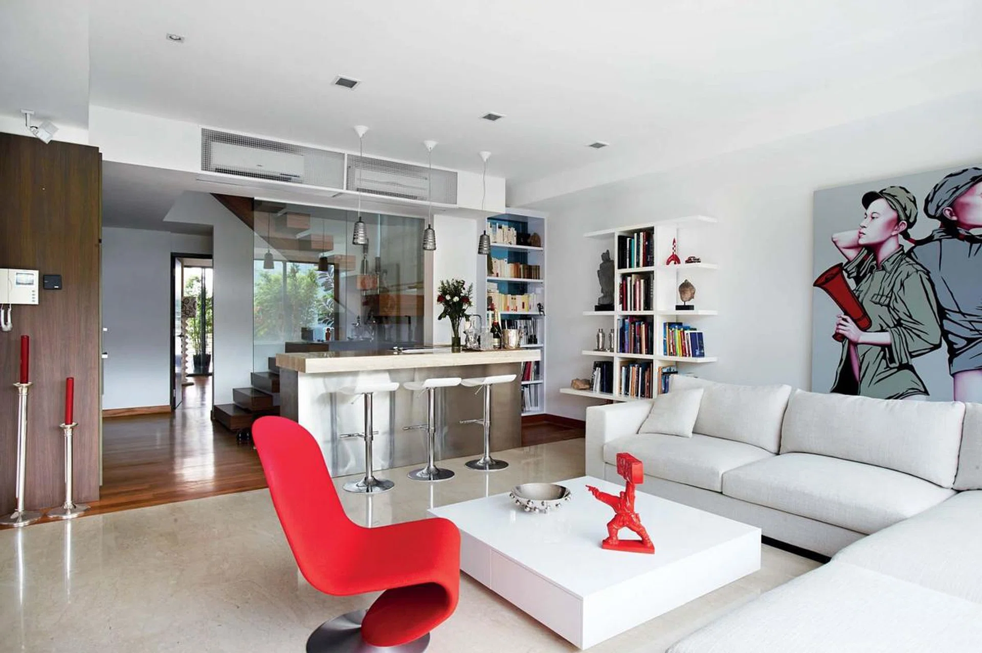 living room, kitchen top, red, electric, modern